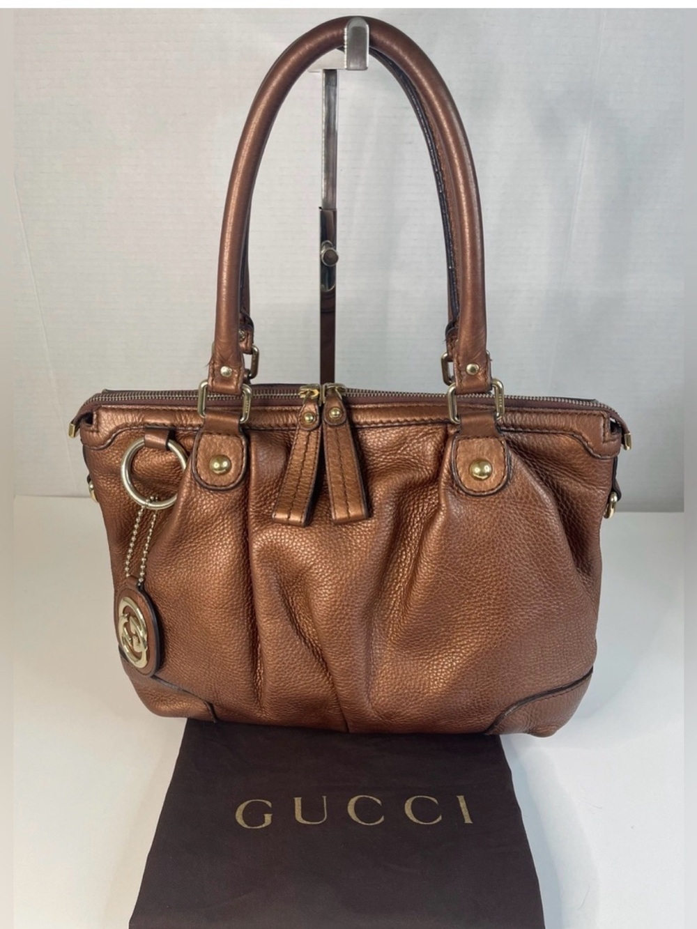 Gucci Bronze Metallic Pebbled Leather Sukey Satchel Tote w/ GG Charm - GUC